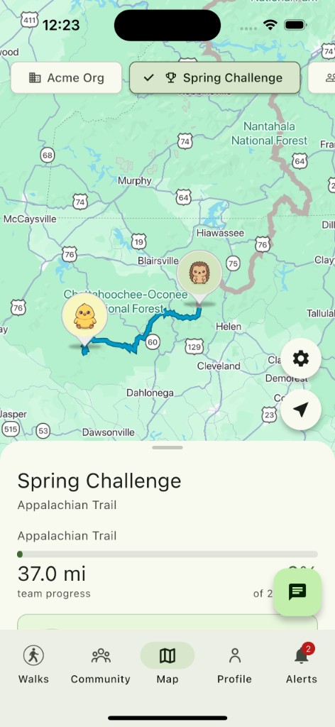 Interactive trail map showing team members hiking the Appalachian Trail together